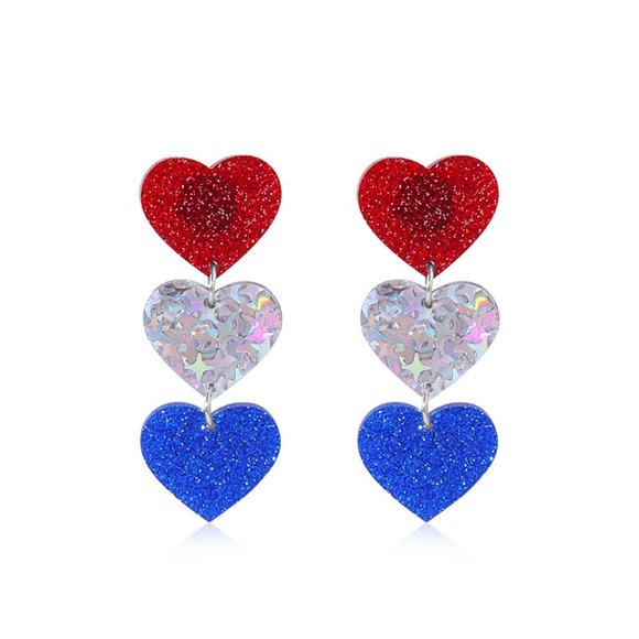 Amanda Lee Jewelry Jewelry - Silver Patriotic Heart Dangle Earrings 2-sided Glitter Acry